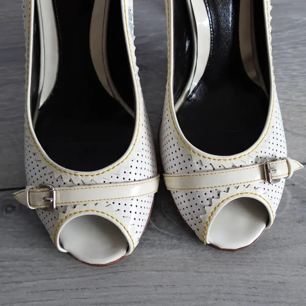 Fendi White and Cream Patent Leather Peep-Toe Heels